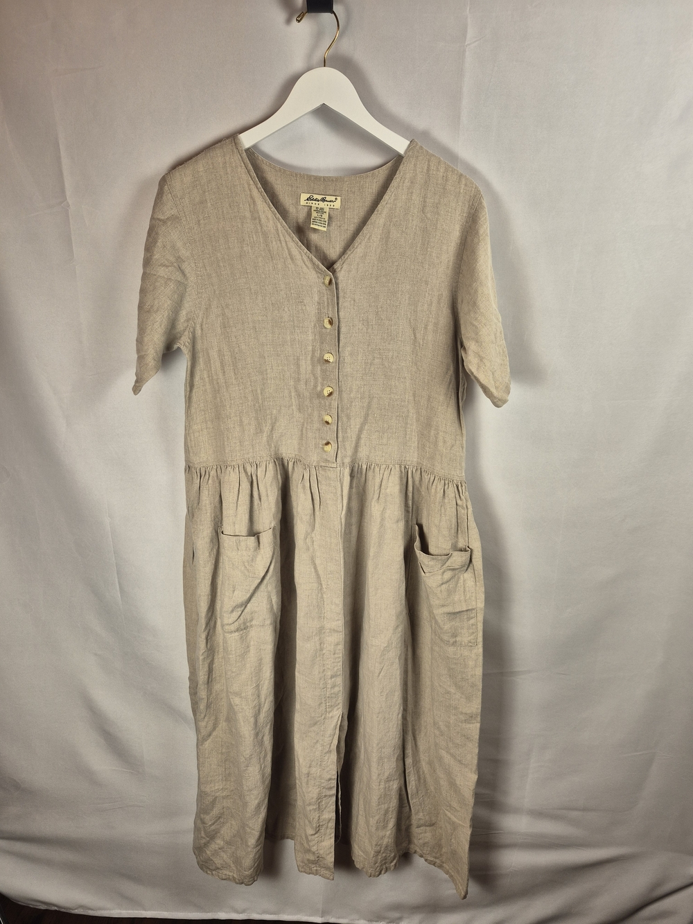Eddie Bauer Beige 100% Linen Button-Front Midi Dress Size L